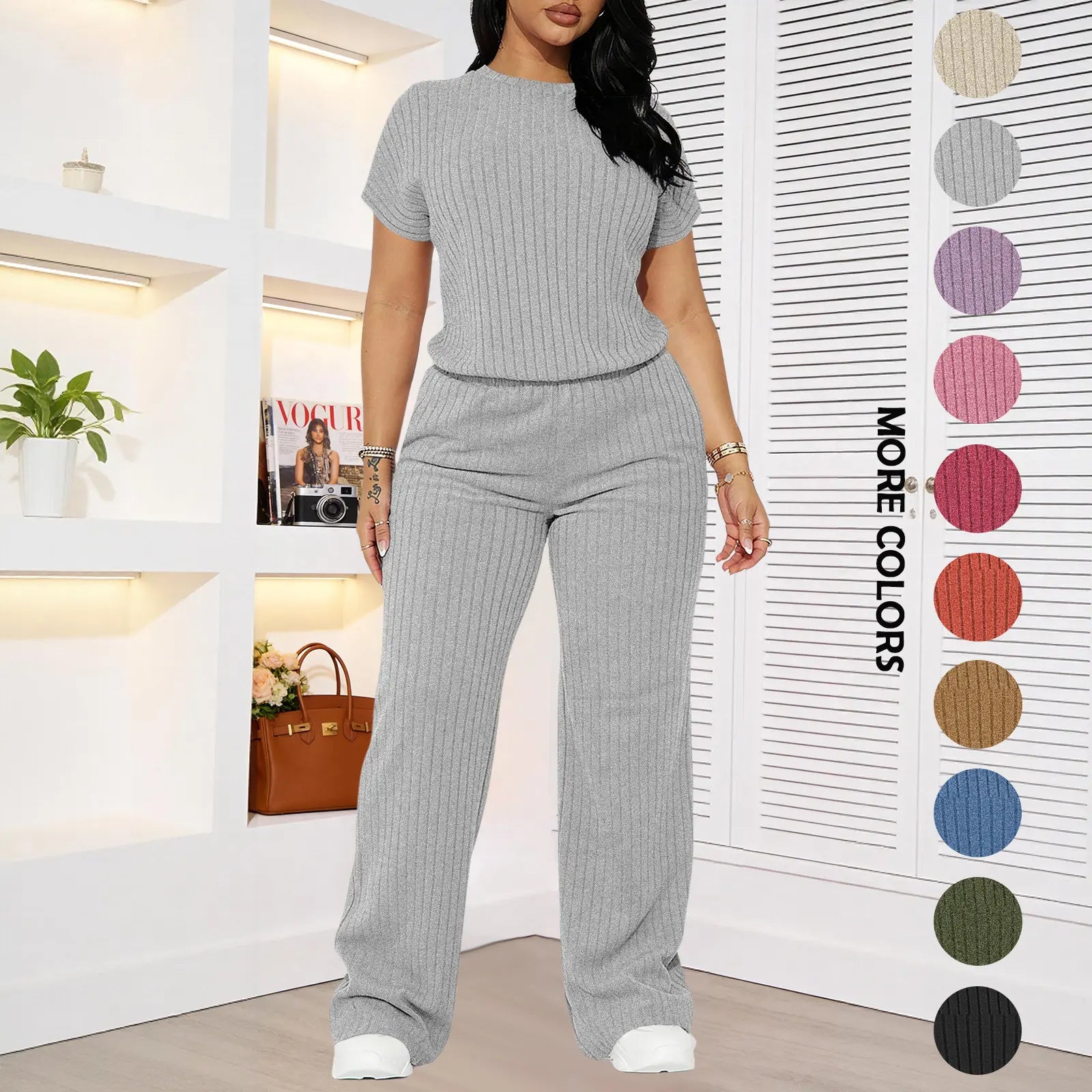 Women's solid color short-sleeved round neck ribbed top and wide-leg pants. Casual, slim-fit, stylish and comfortable set.