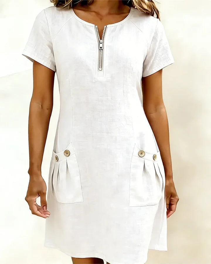 Zipper Pocket Cotton Linen Dress