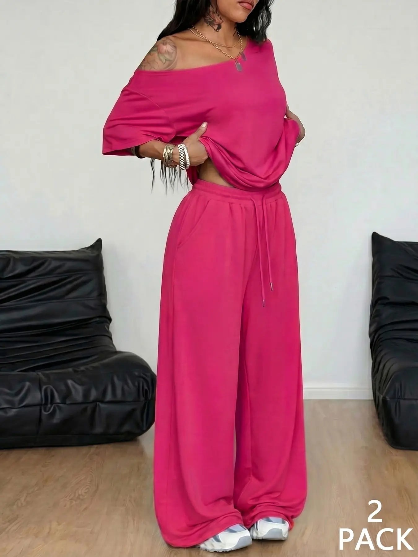 2 Pcs/Set Women's Minimalist Basic Daily Wear, Going Out, Sport Comfortable Off Shoulder T-Shirt and Wide Leg Pants Two Pieces