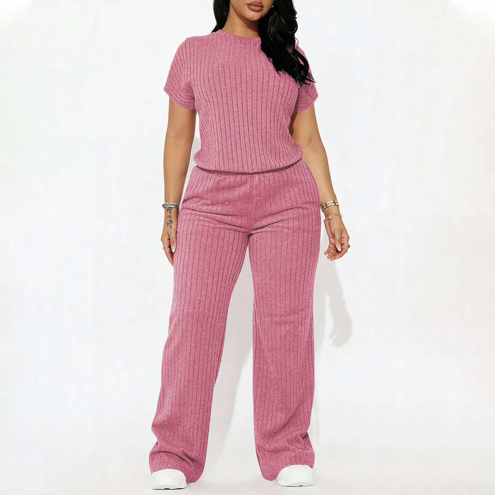 Women's solid color short-sleeved round neck ribbed top and wide-leg pants. Casual, slim-fit, stylish and comfortable set.