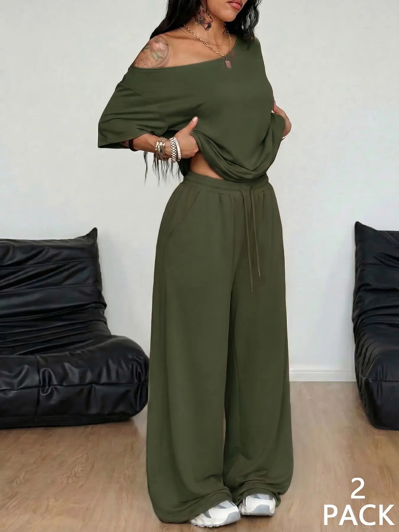 2 Pcs/Set Women's Minimalist Basic Daily Wear, Going Out, Sport Comfortable Off Shoulder T-Shirt and Wide Leg Pants Two Pieces