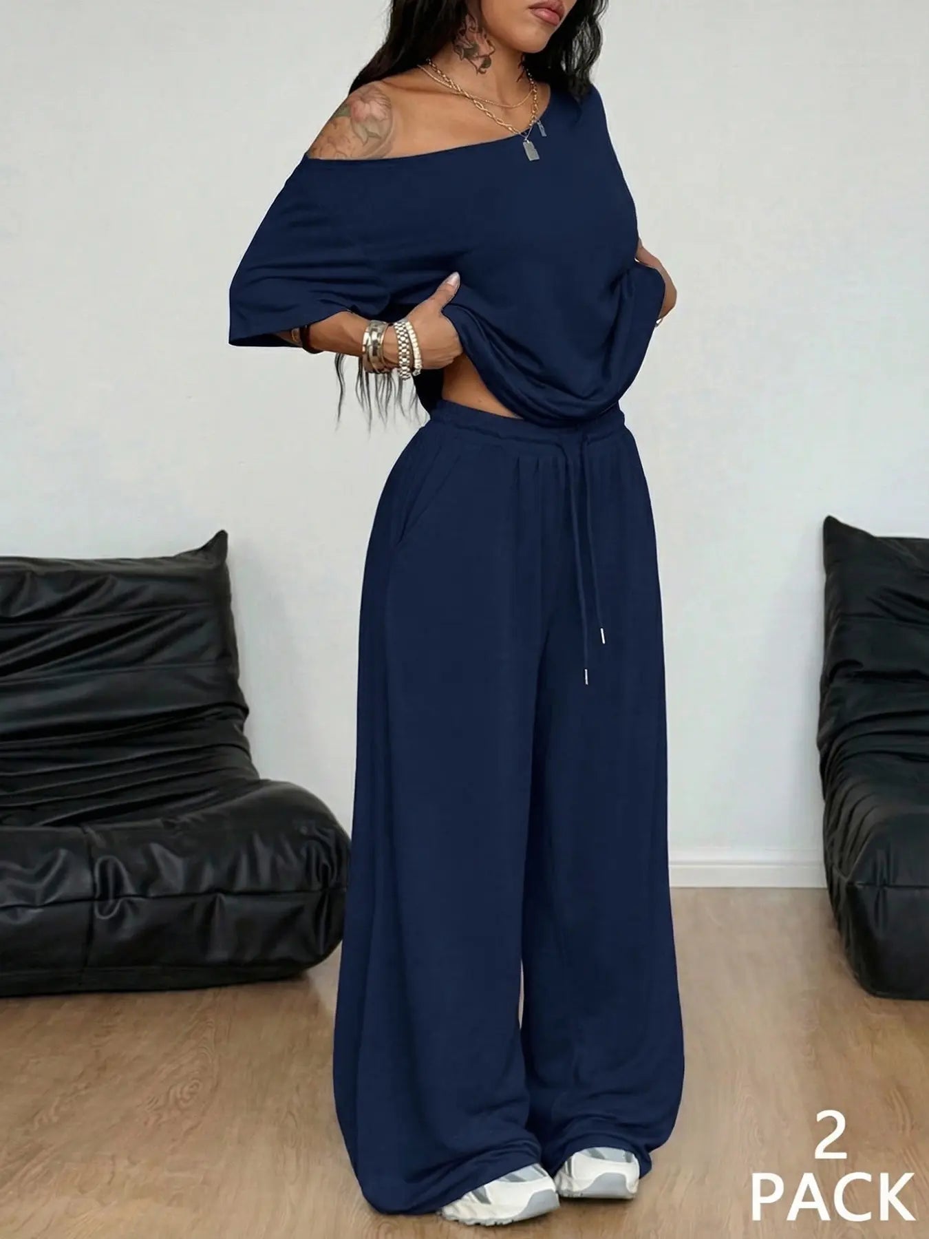 2 Pcs/Set Women's Minimalist Basic Daily Wear, Going Out, Sport Comfortable Off Shoulder T-Shirt and Wide Leg Pants Two Pieces