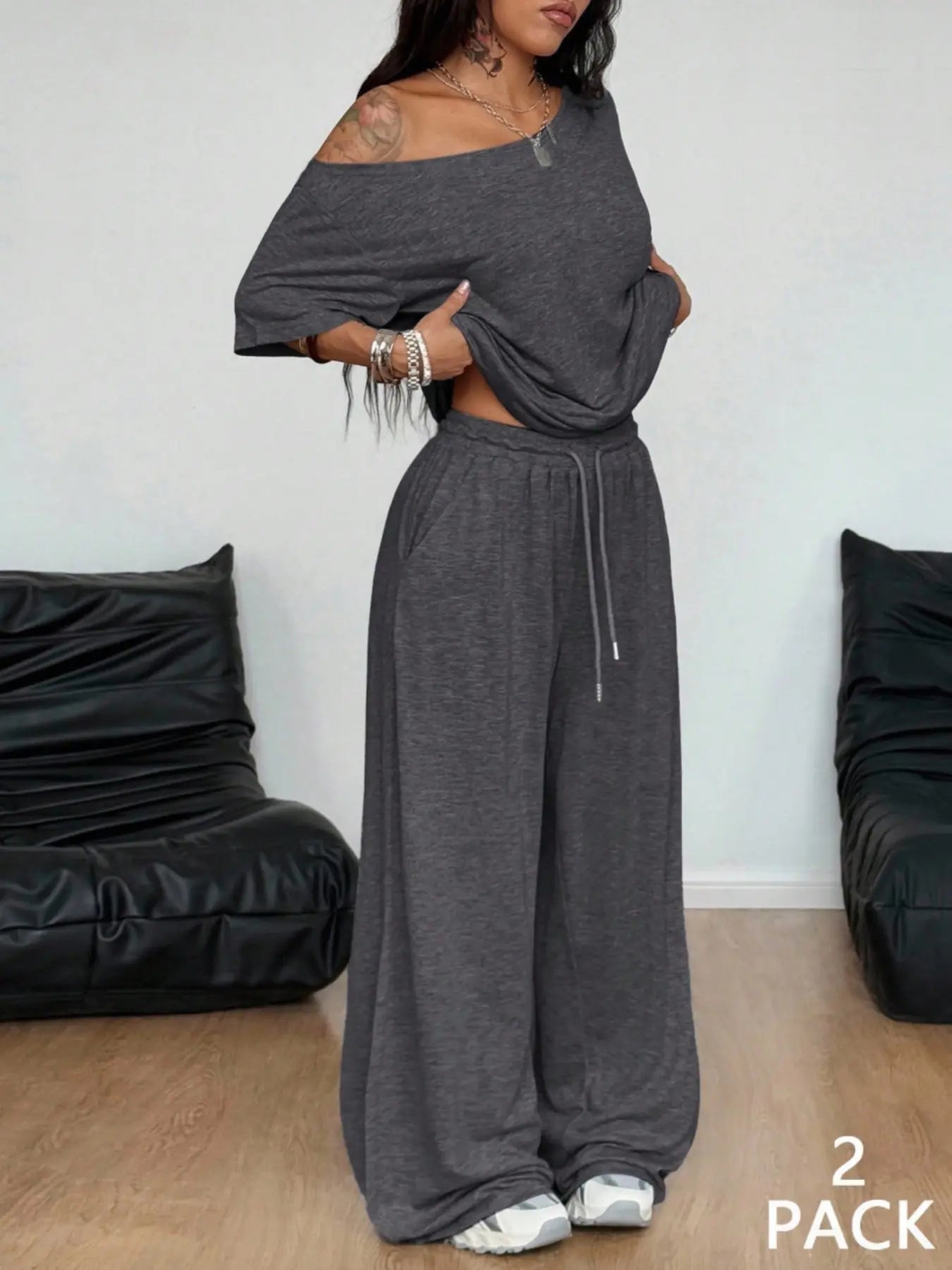 2 Pcs/Set Women's Minimalist Basic Daily Wear, Going Out, Sport Comfortable Off Shoulder T-Shirt and Wide Leg Pants Two Pieces