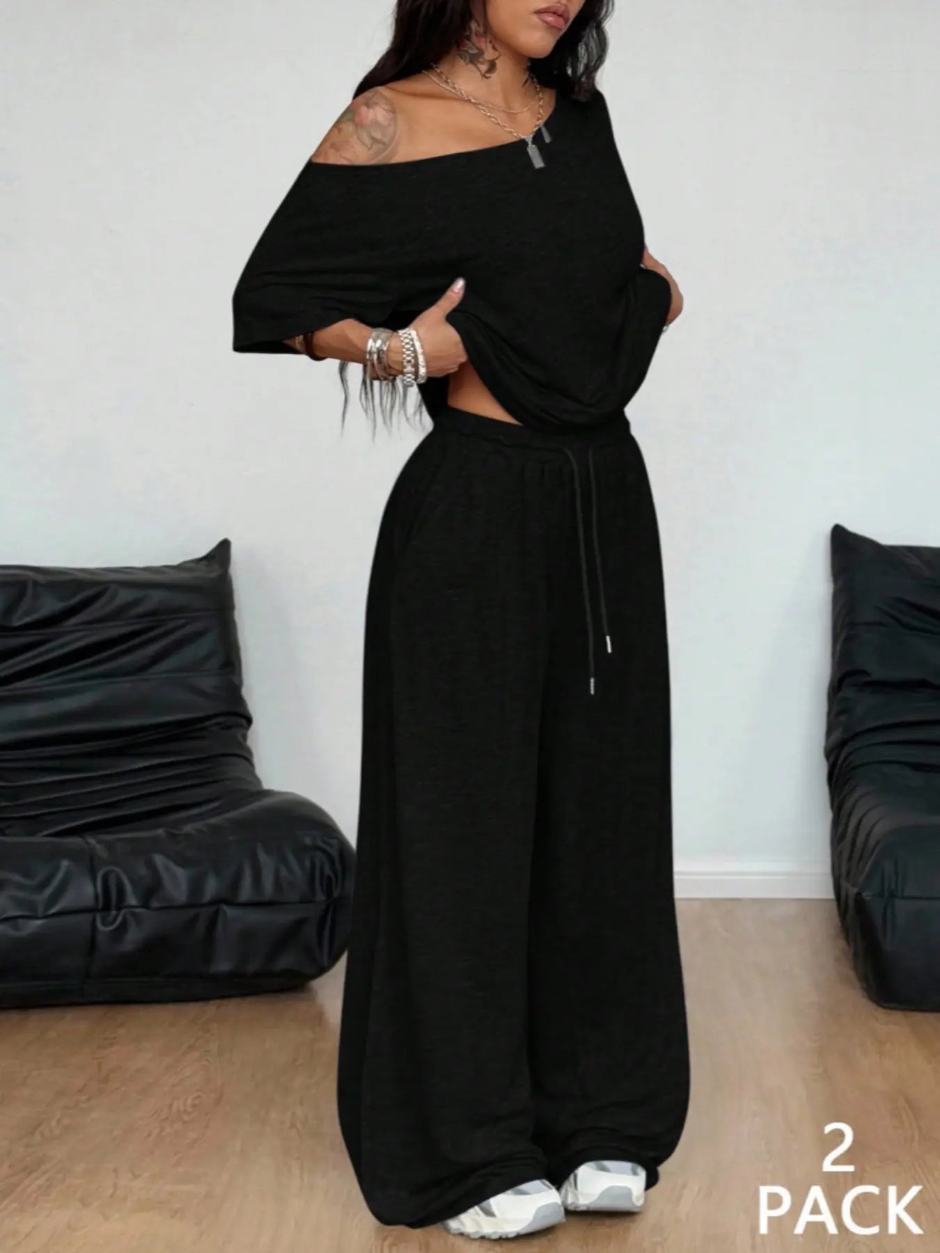 2 Pcs/Set Women's Minimalist Basic Daily Wear, Going Out, Sport Comfortable Off Shoulder T-Shirt and Wide Leg Pants Two Pieces