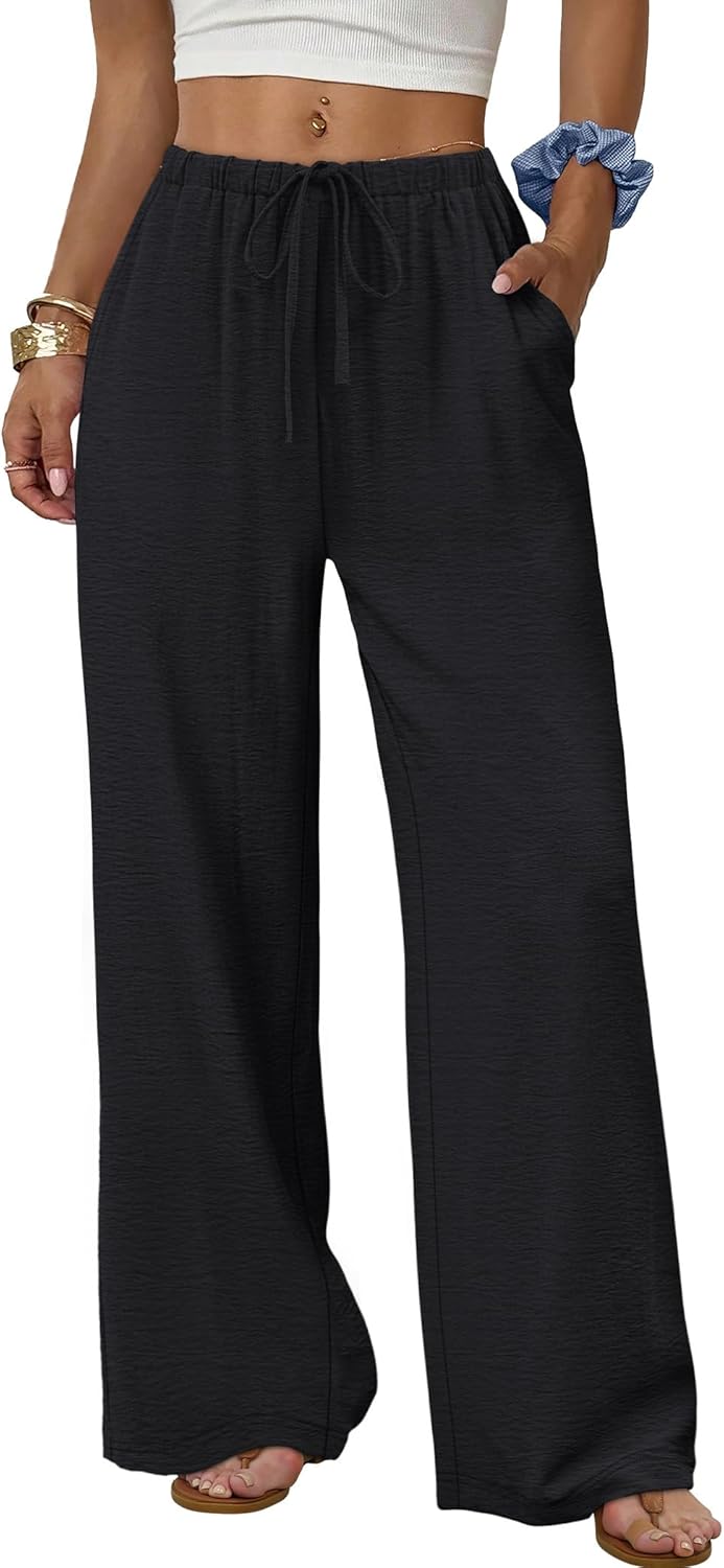 Women's flowy wide-leg pants with drawstring elastic waistband, perfect for summer beach vacations.
