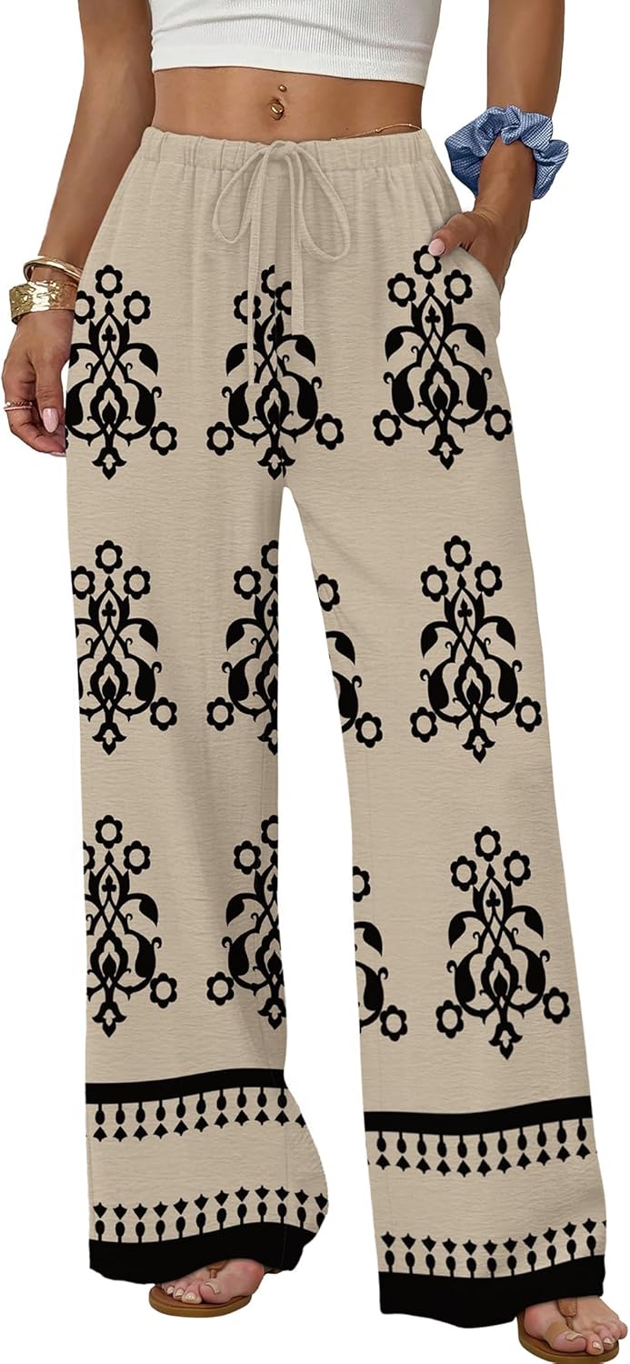 Women's flowy wide-leg pants with drawstring elastic waistband, perfect for summer beach vacations.