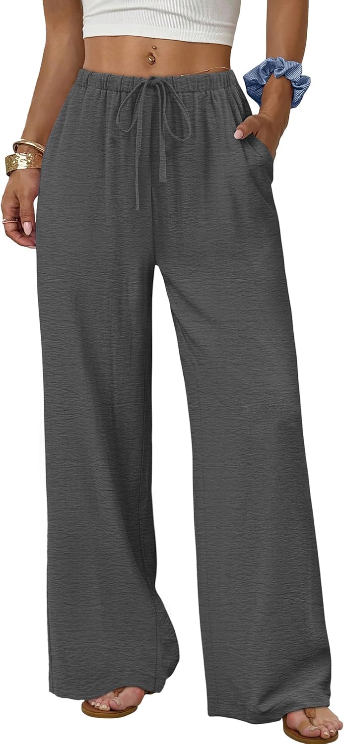 Women's flowy wide-leg pants with drawstring elastic waistband, perfect for summer beach vacations.