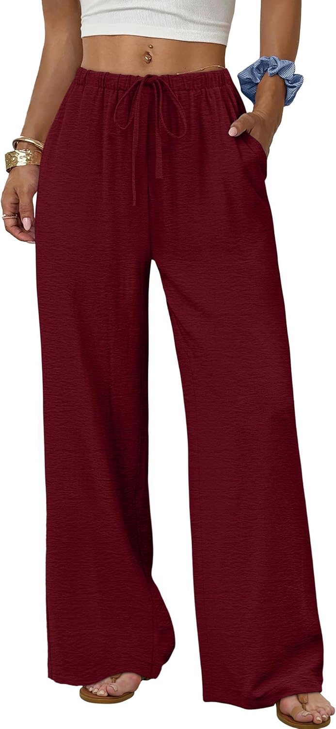 Women's flowy wide-leg pants with drawstring elastic waistband, perfect for summer beach vacations.