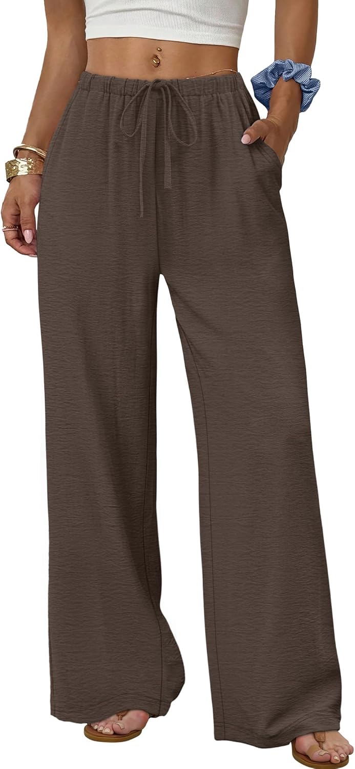 Women's flowy wide-leg pants with drawstring elastic waistband, perfect for summer beach vacations.