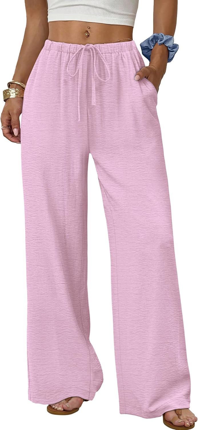 Women's flowy wide-leg pants with drawstring elastic waistband, perfect for summer beach vacations.