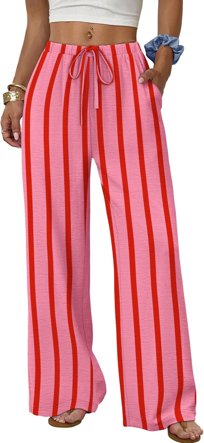 Women's flowy wide-leg pants with drawstring elastic waistband, perfect for summer beach vacations.