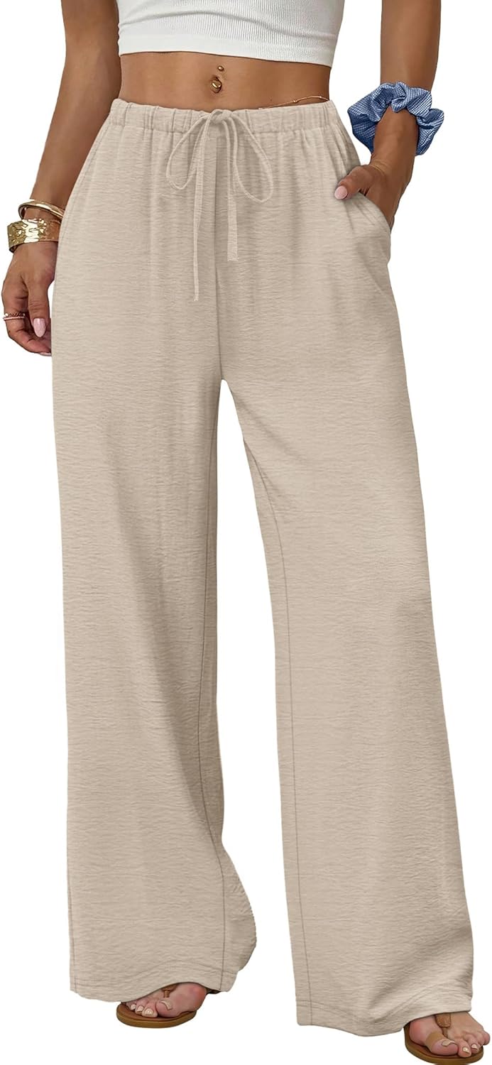 Women's flowy wide-leg pants with drawstring elastic waistband, perfect for summer beach vacations.