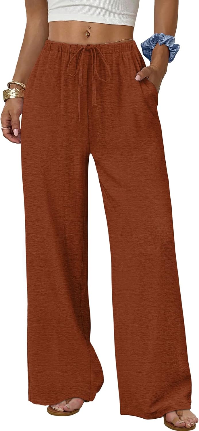 Women's flowy wide-leg pants with drawstring elastic waistband, perfect for summer beach vacations.