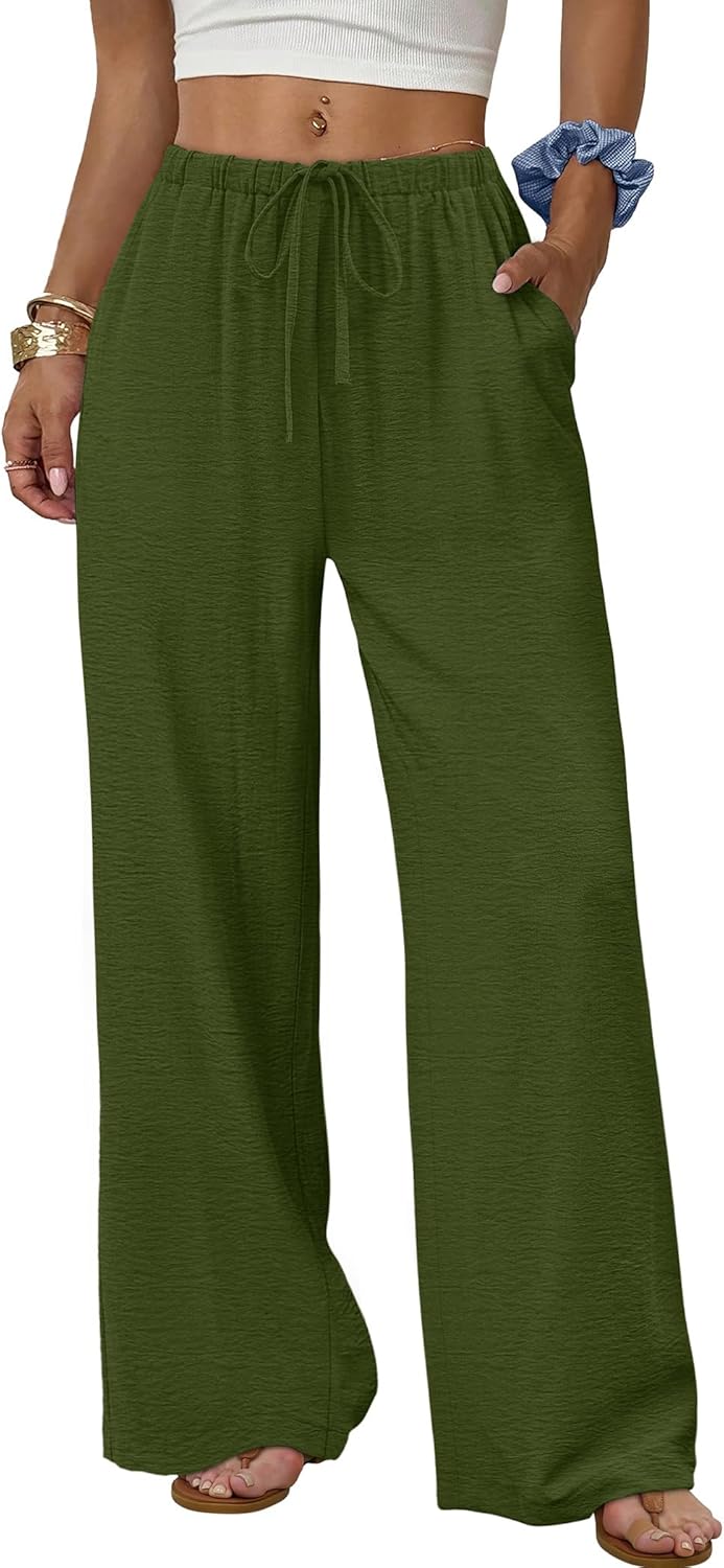 Women's flowy wide-leg pants with drawstring elastic waistband, perfect for summer beach vacations.
