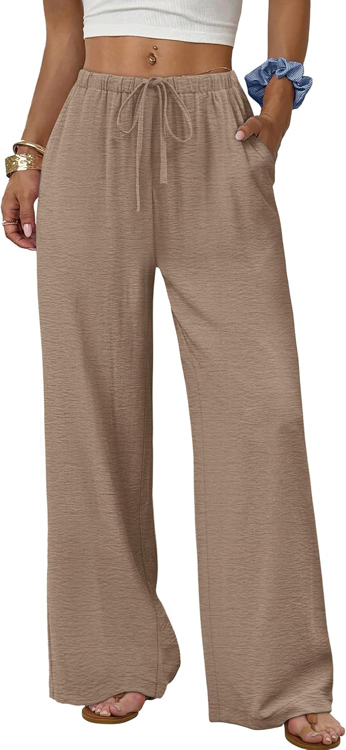 Women's flowy wide-leg pants with drawstring elastic waistband, perfect for summer beach vacations.