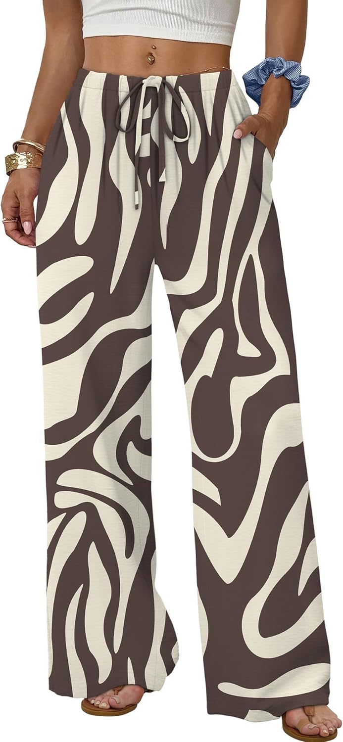 Women's flowy wide-leg pants with drawstring elastic waistband, perfect for summer beach vacations.