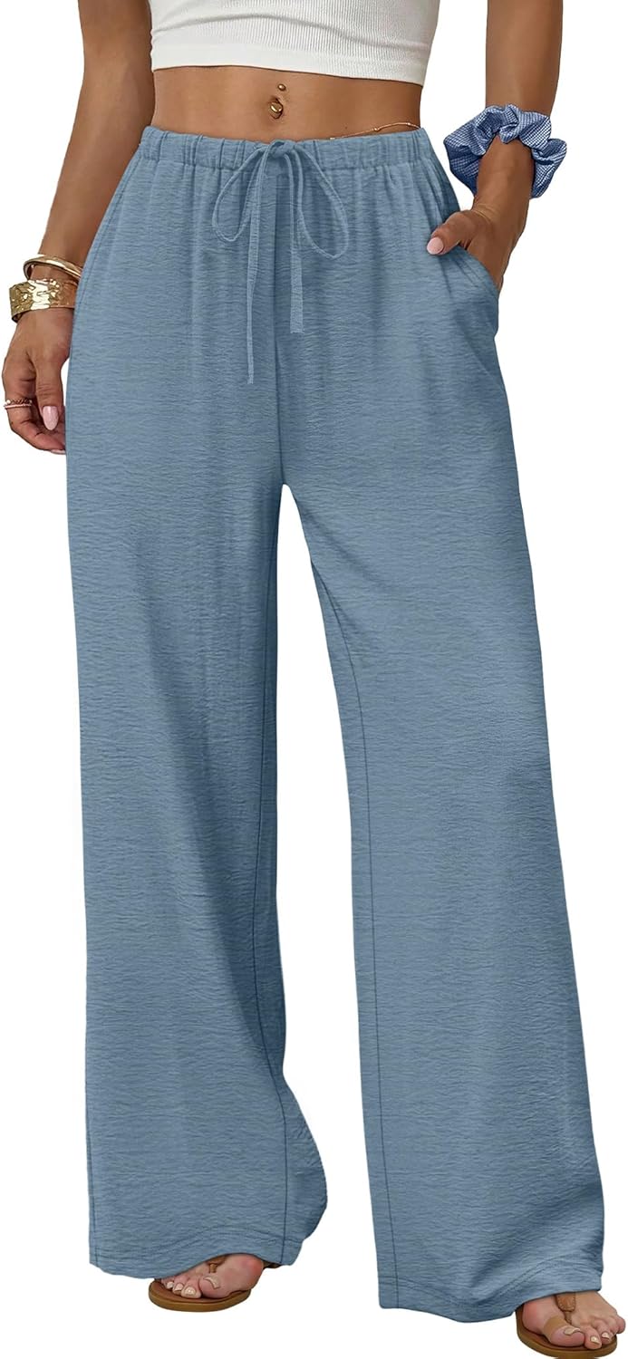 Women's flowy wide-leg pants with drawstring elastic waistband, perfect for summer beach vacations.