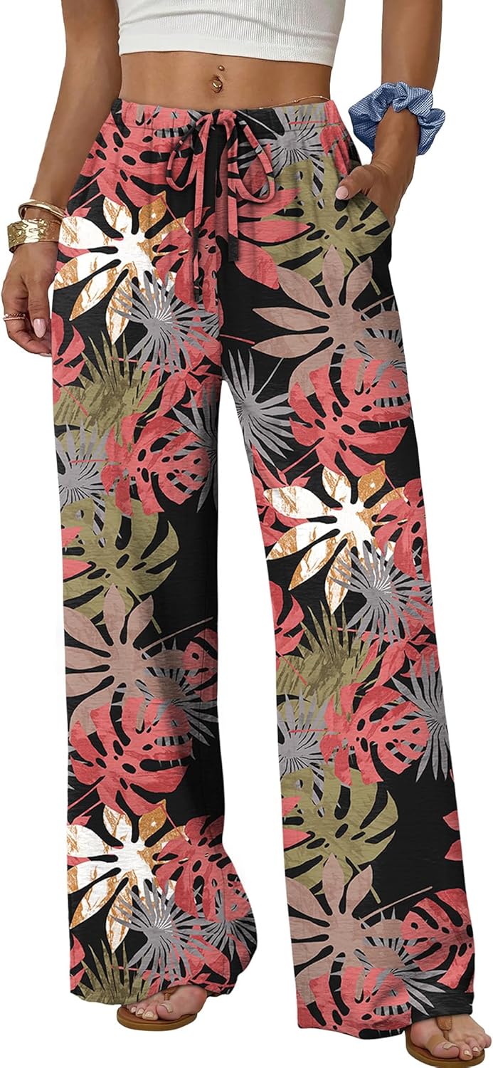 Women's flowy wide-leg pants with drawstring elastic waistband, perfect for summer beach vacations.