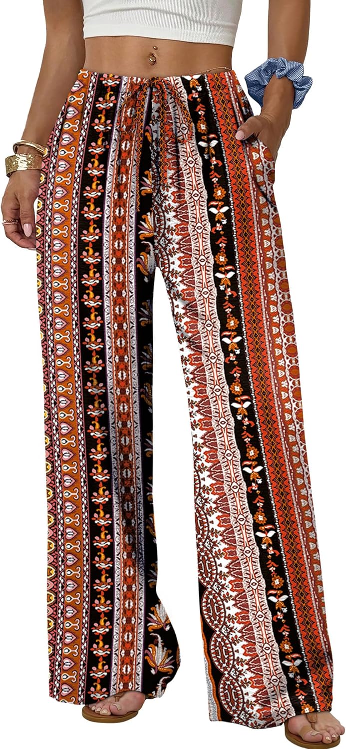 Women's flowy wide-leg pants with drawstring elastic waistband, perfect for summer beach vacations.