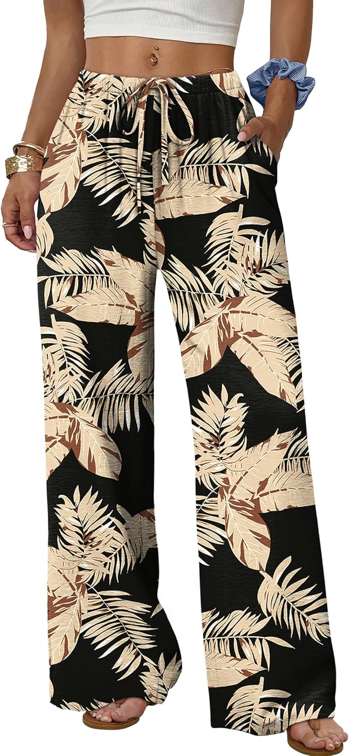 Women's flowy wide-leg pants with drawstring elastic waistband, perfect for summer beach vacations.