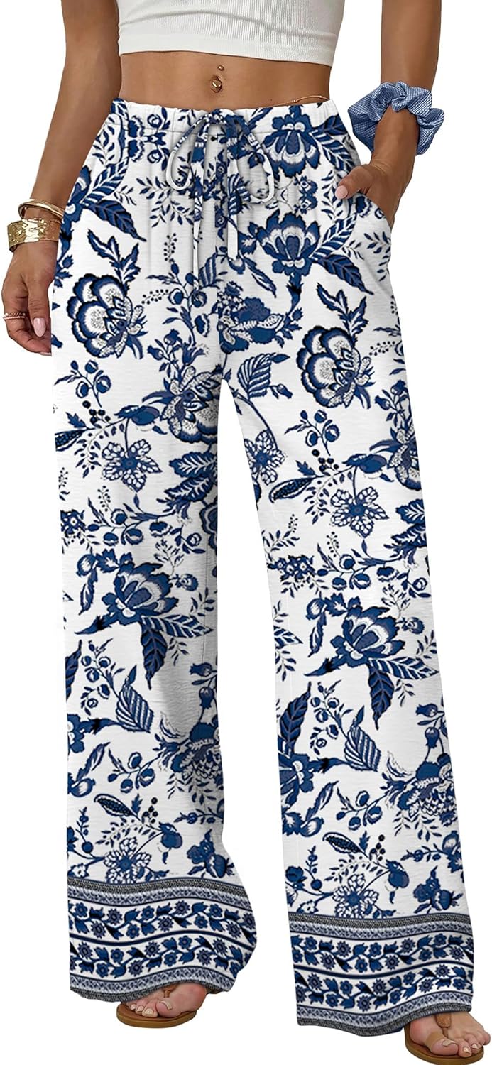 Women's flowy wide-leg pants with drawstring elastic waistband, perfect for summer beach vacations.