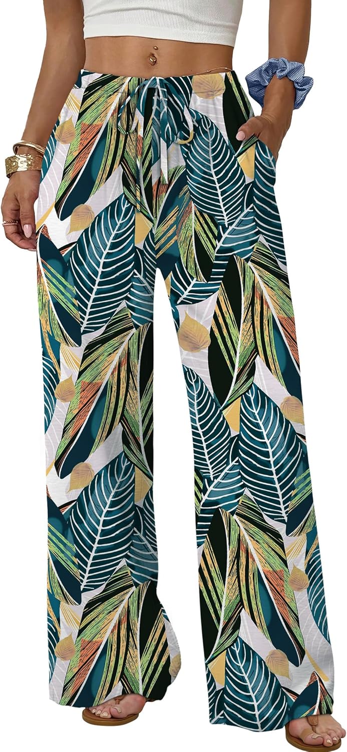 Women's flowy wide-leg pants with drawstring elastic waistband, perfect for summer beach vacations.