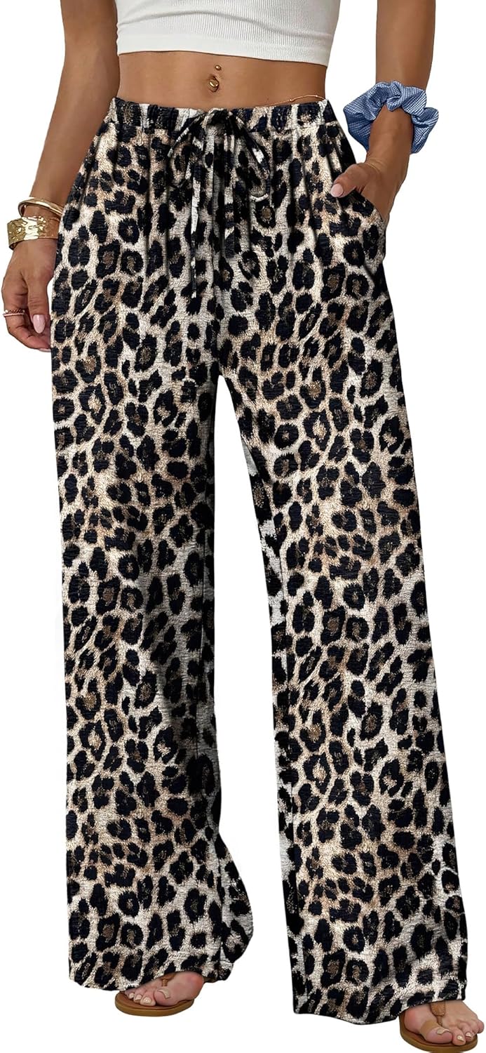 Women's flowy wide-leg pants with drawstring elastic waistband, perfect for summer beach vacations.