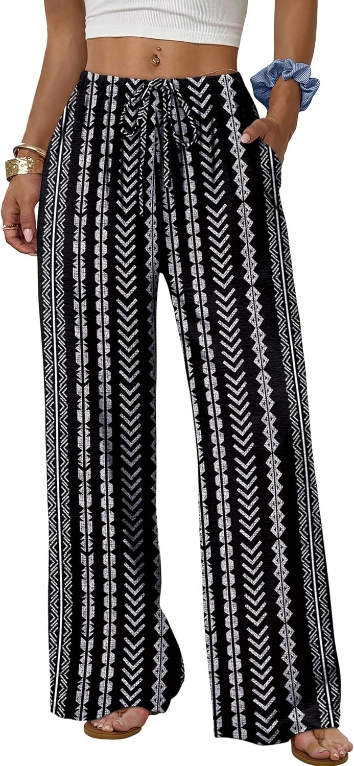 Women's flowy wide-leg pants with drawstring elastic waistband, perfect for summer beach vacations.