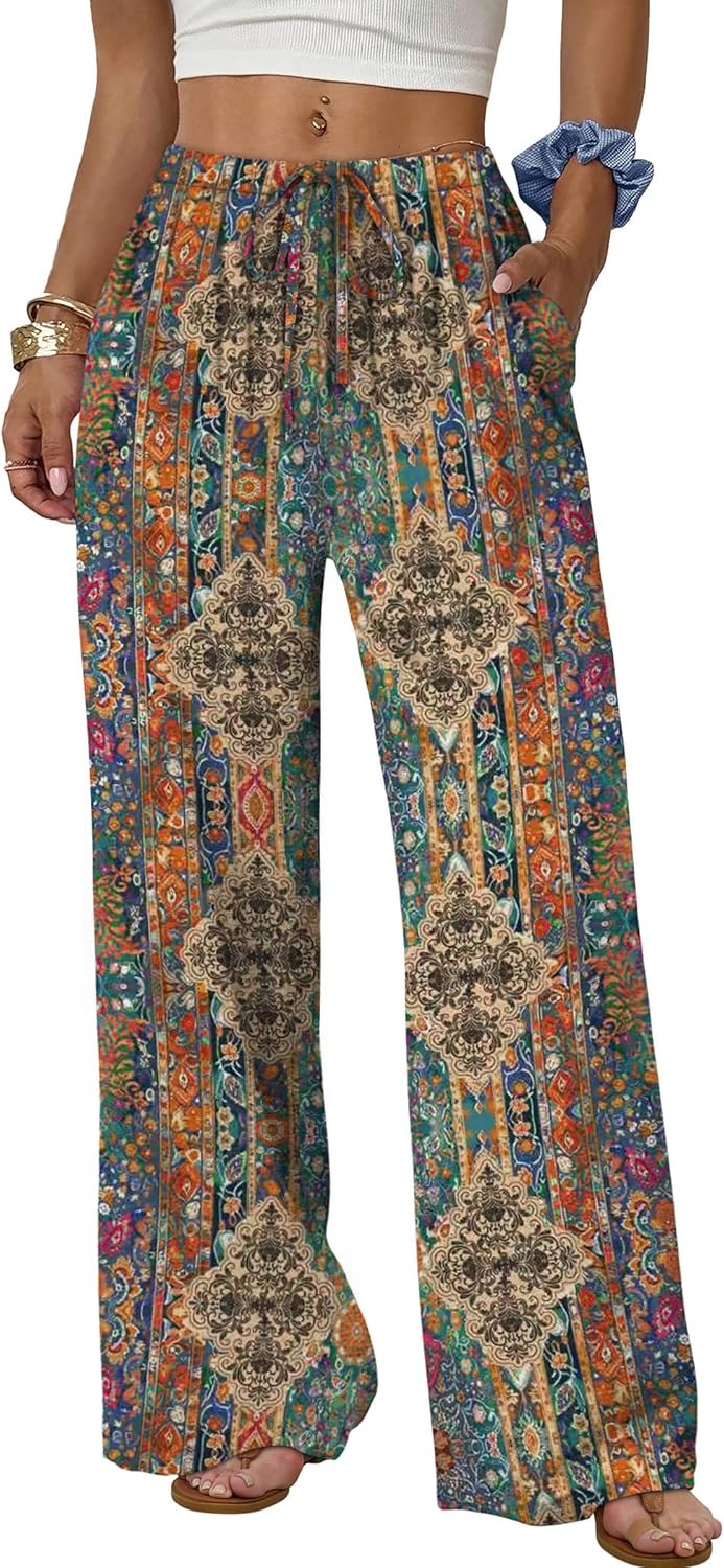 Women's flowy wide-leg pants with drawstring elastic waistband, perfect for summer beach vacations.