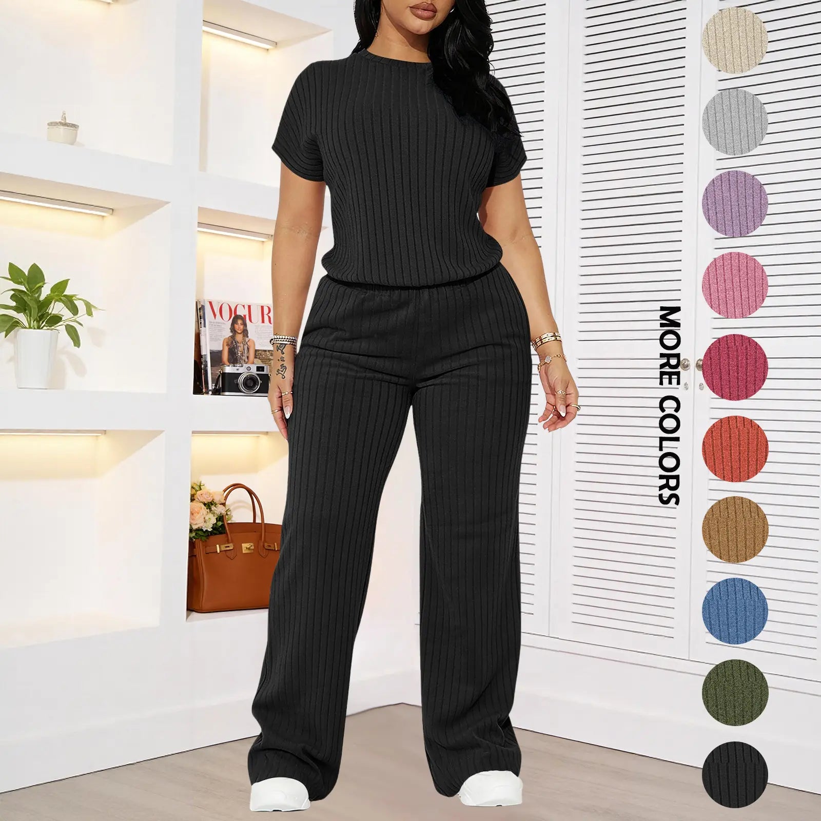 Women's solid color short-sleeved round neck ribbed top and wide-leg pants. Casual, slim-fit, stylish and comfortable set.