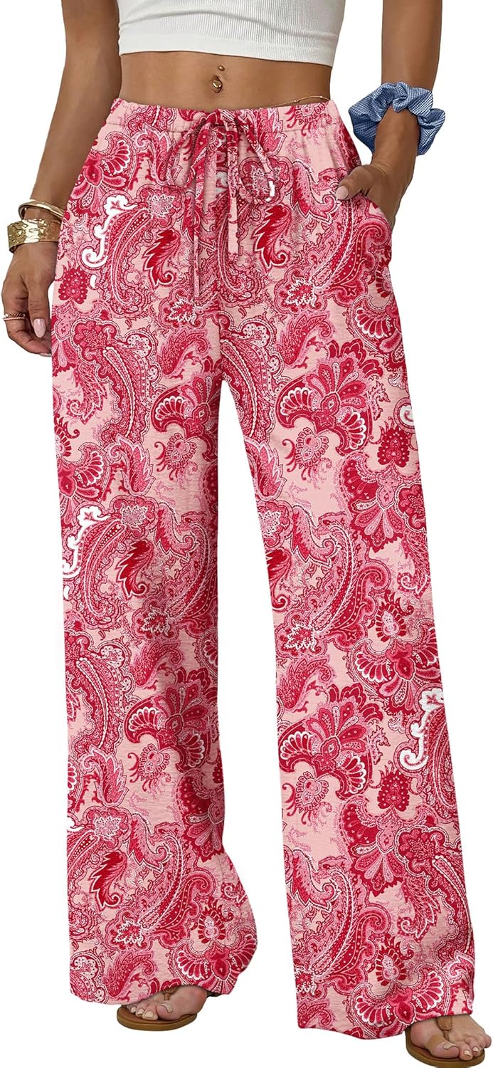 Women's flowy wide-leg pants with drawstring elastic waistband, perfect for summer beach vacations.