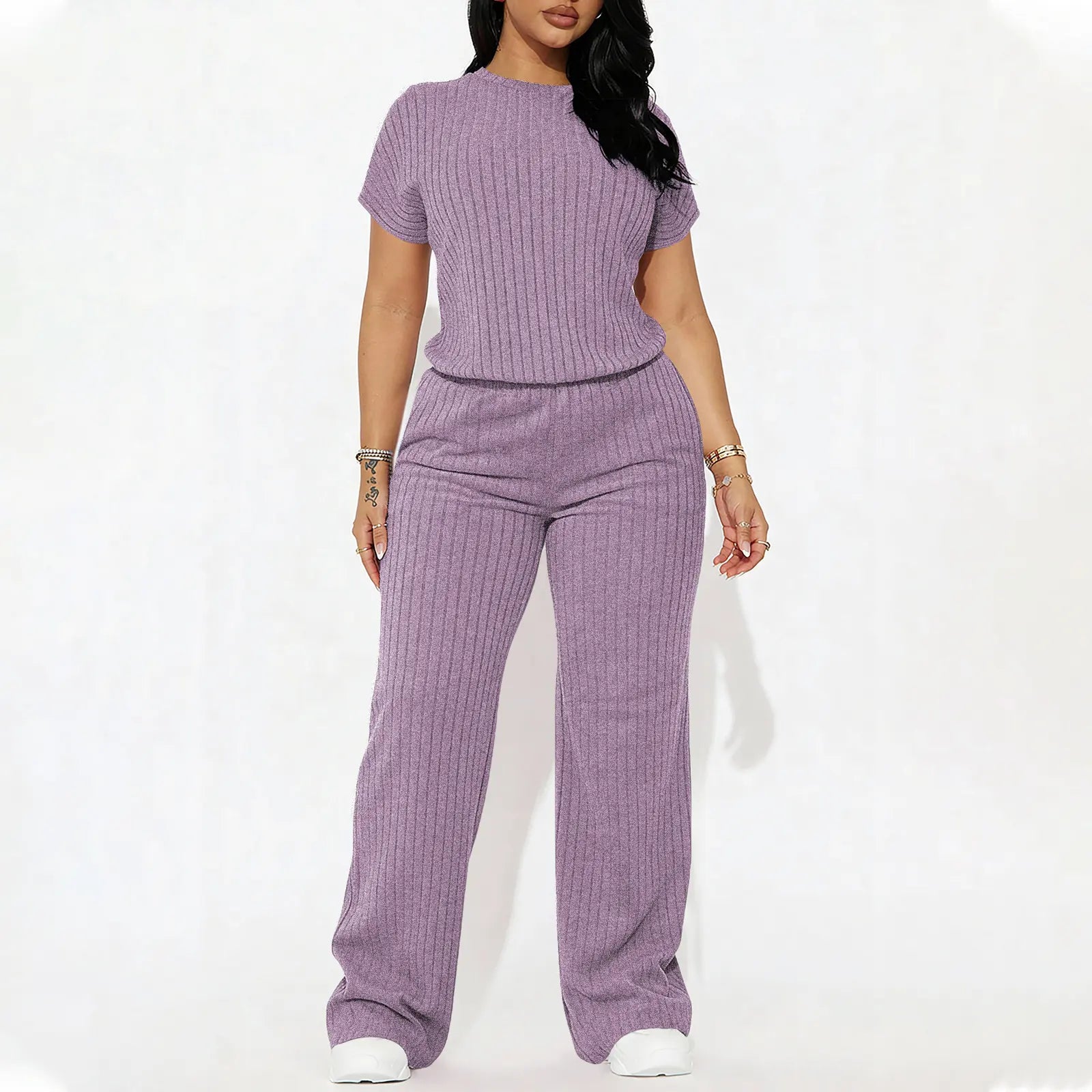 Women's solid color short-sleeved round neck ribbed top and wide-leg pants. Casual, slim-fit, stylish and comfortable set.
