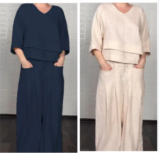 💎 2-piece cotton-linen set with an irregular hem – V-neck top + wide-leg trousers, breathable & effortlessly stylish 🍂👚