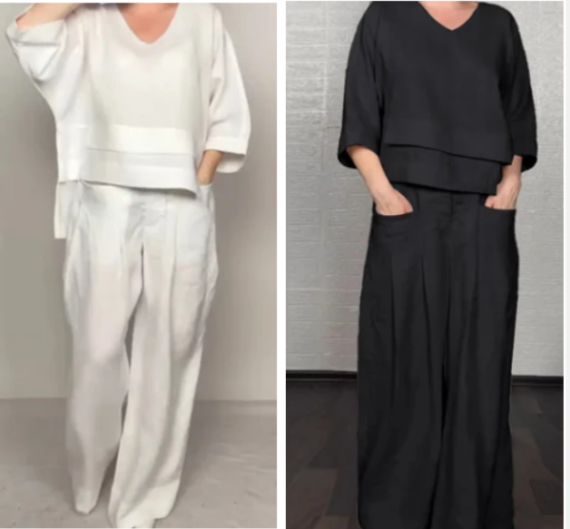 💎 2-piece cotton-linen set with an irregular hem – V-neck top + wide-leg trousers, breathable & effortlessly stylish 🍂👚