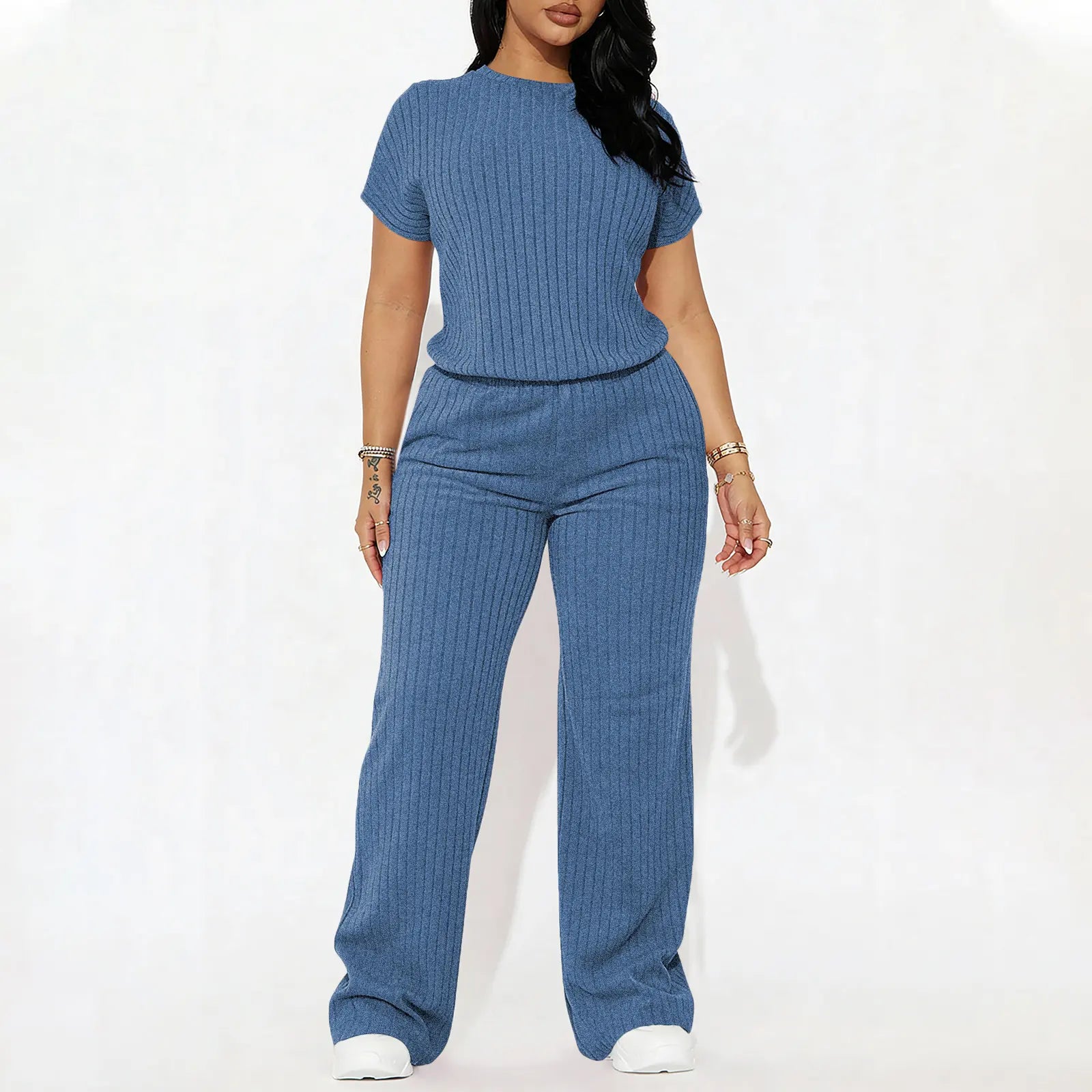 Women's solid color short-sleeved round neck ribbed top and wide-leg pants. Casual, slim-fit, stylish and comfortable set.