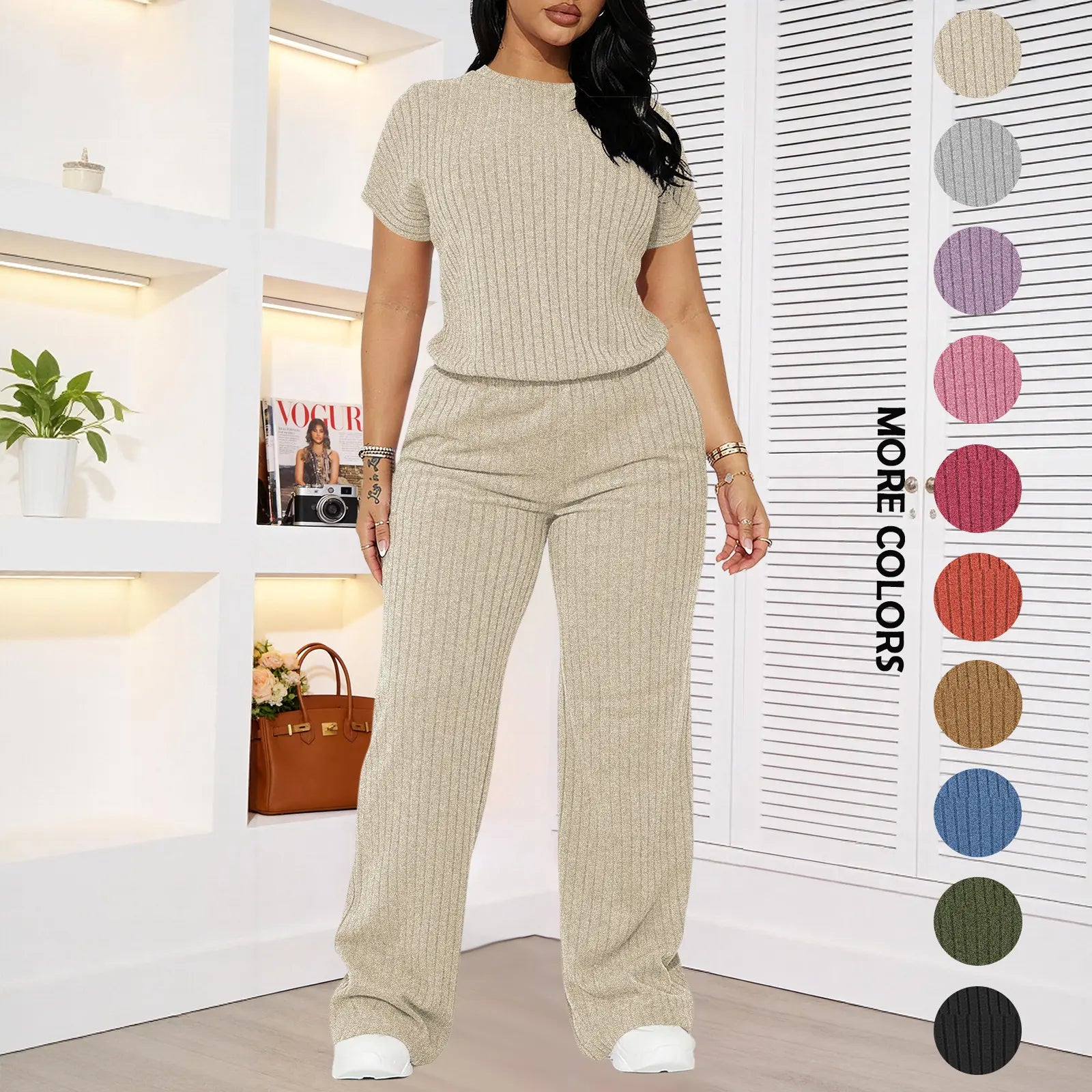 Women's solid color short-sleeved round neck ribbed top and wide-leg pants. Casual, slim-fit, stylish and comfortable set.