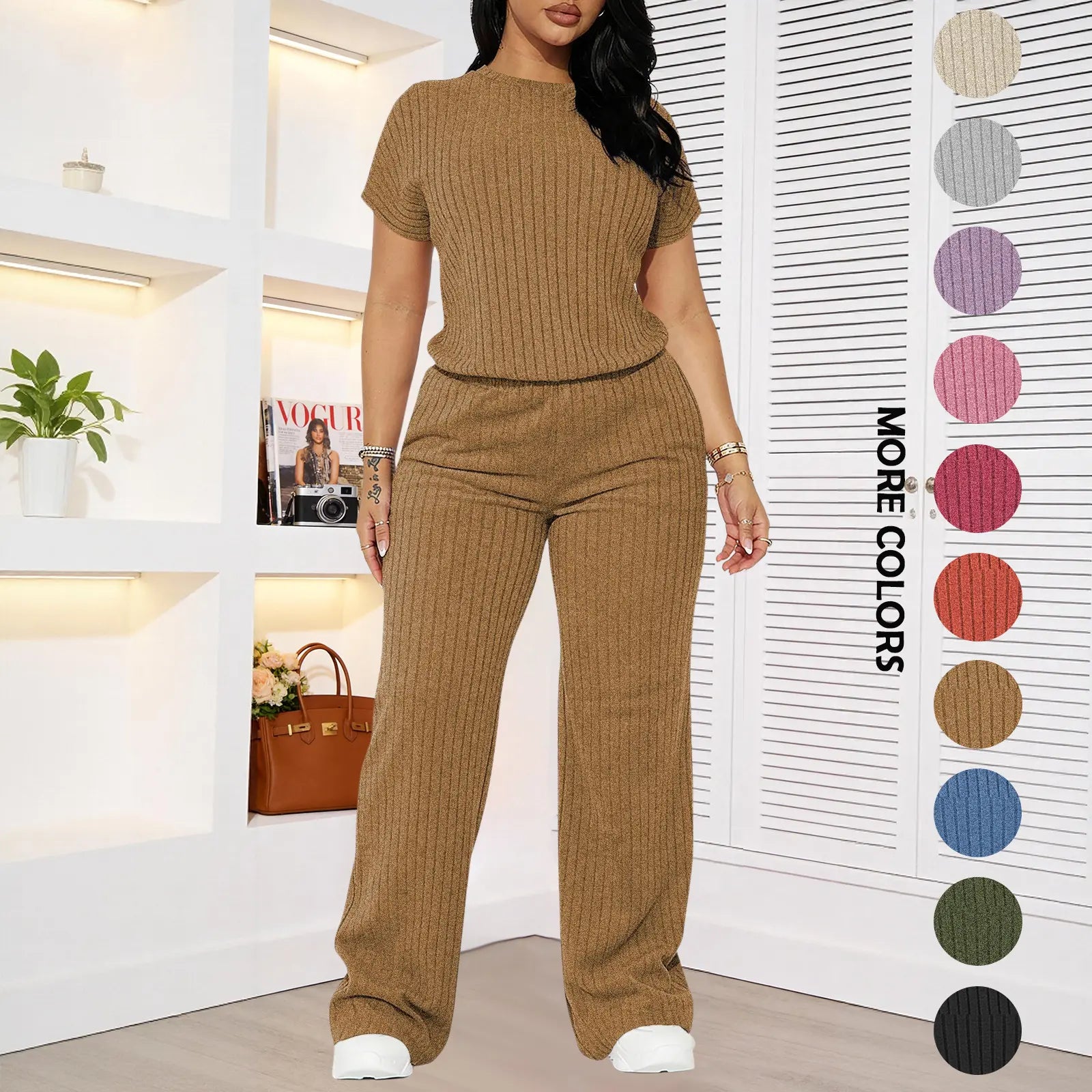 Women's solid color short-sleeved round neck ribbed top and wide-leg pants. Casual, slim-fit, stylish and comfortable set.