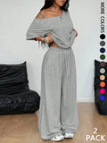 2 Pcs/Set Women's Minimalist Basic Daily Wear, Going Out, Sport Comfortable Off Shoulder T-Shirt and Wide Leg Pants Two Pieces