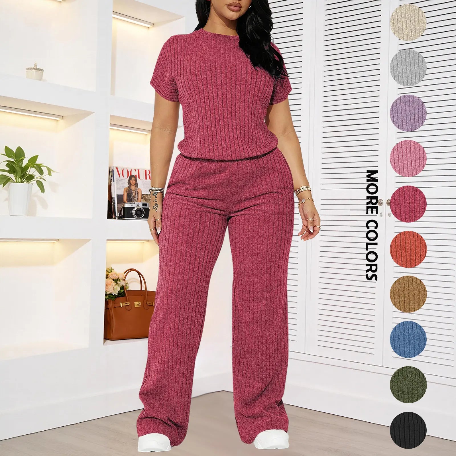 Women's solid color short-sleeved round neck ribbed top and wide-leg pants. Casual, slim-fit, stylish and comfortable set.
