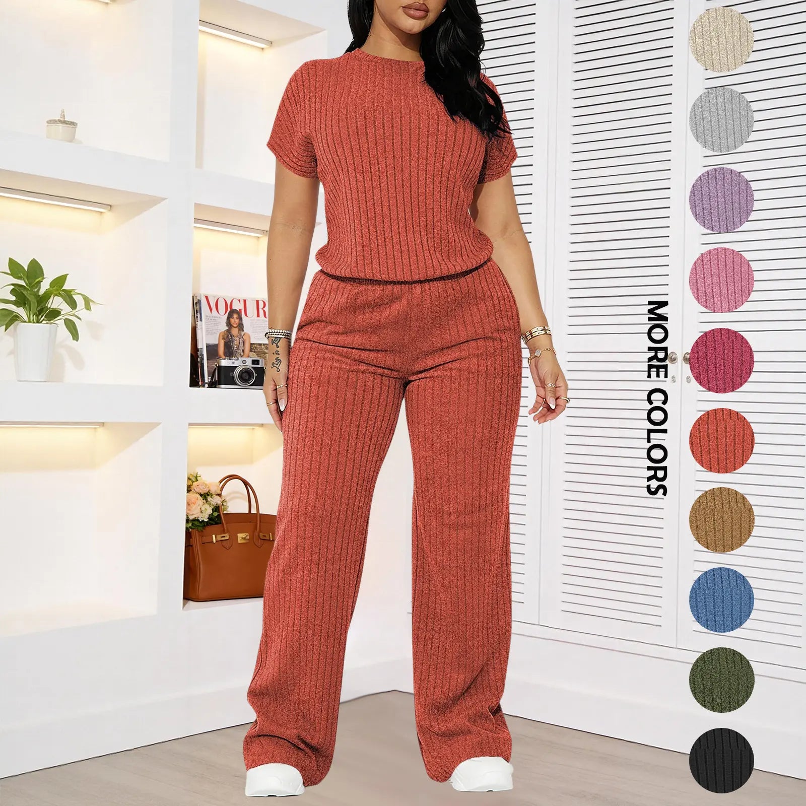 Women's solid color short-sleeved round neck ribbed top and wide-leg pants. Casual, slim-fit, stylish and comfortable set.