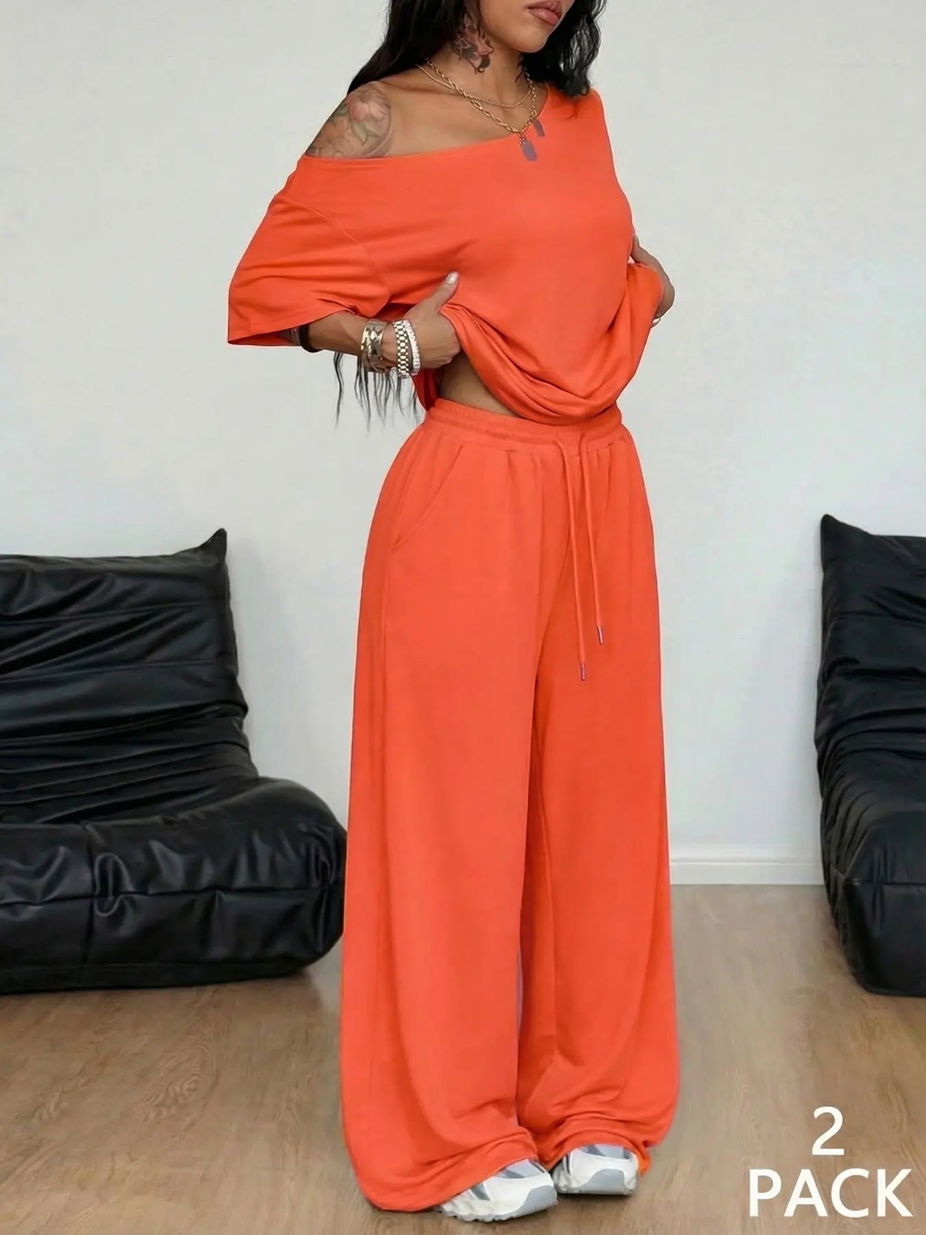 2 Pcs/Set Women's Minimalist Basic Daily Wear, Going Out, Sport Comfortable Off Shoulder T-Shirt and Wide Leg Pants Two Pieces