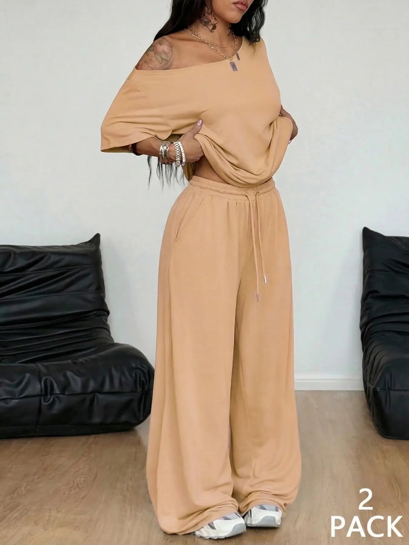 2 Pcs/Set Women's Minimalist Basic Daily Wear, Going Out, Sport Comfortable Off Shoulder T-Shirt and Wide Leg Pants Two Pieces