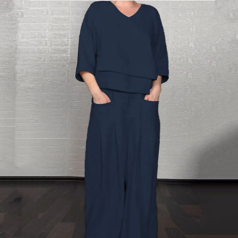💎 2-piece cotton-linen set with an irregular hem – V-neck top + wide-leg trousers, breathable & effortlessly stylish 🍂👚