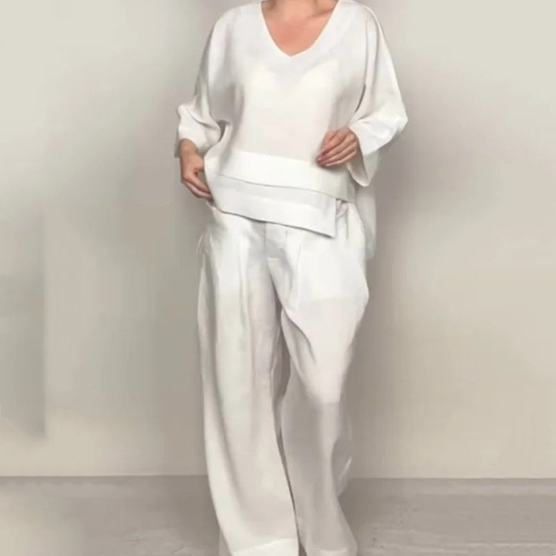 💎 2-piece cotton-linen set with an irregular hem – V-neck top + wide-leg trousers, breathable & effortlessly stylish 🍂👚