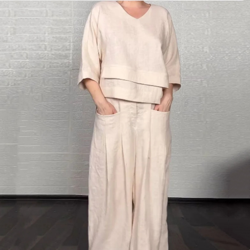 💎 2-piece cotton-linen set with an irregular hem – V-neck top + wide-leg trousers, breathable & effortlessly stylish 🍂👚
