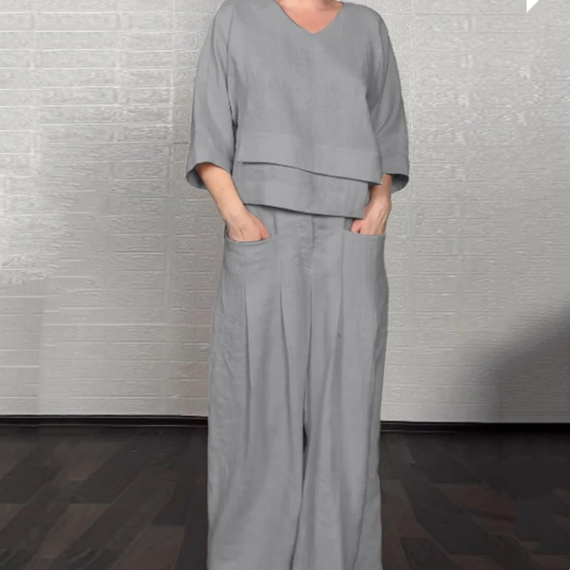 💎 2-piece cotton-linen set with an irregular hem – V-neck top + wide-leg trousers, breathable & effortlessly stylish 🍂👚