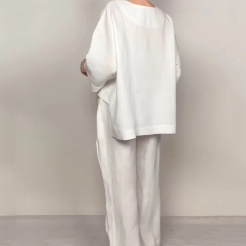 💎 2-piece cotton-linen set with an irregular hem – V-neck top + wide-leg trousers, breathable & effortlessly stylish 🍂👚