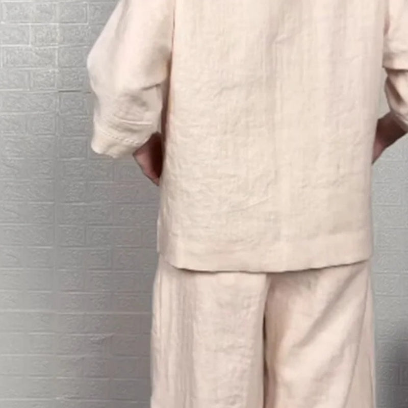 💎 2-piece cotton-linen set with an irregular hem – V-neck top + wide-leg trousers, breathable & effortlessly stylish 🍂👚